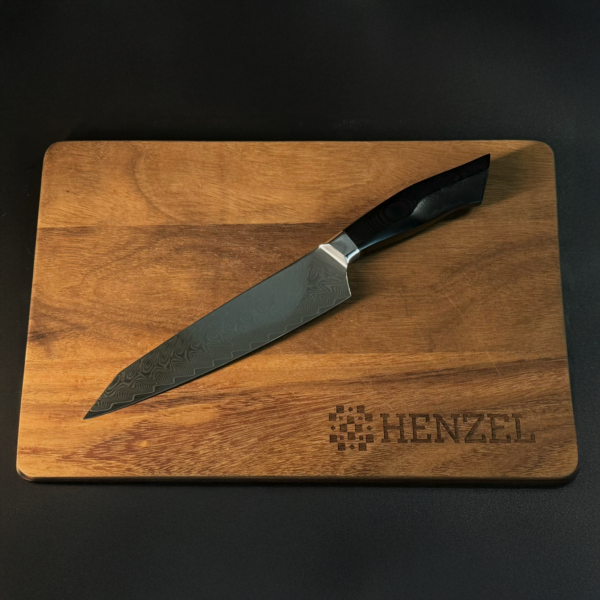 Damascus Steel Premium Carving on Wooden Cutting Board by Henzel