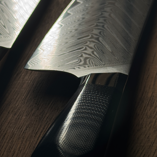 Close Up View of Henzel Damascus Steel Knife with Unique Damascus Patterns