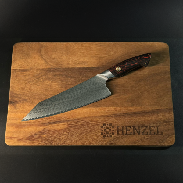 Chef Knife from Henzel Damascus Steel Kitchen Knife Set on Wooden Cutting Board