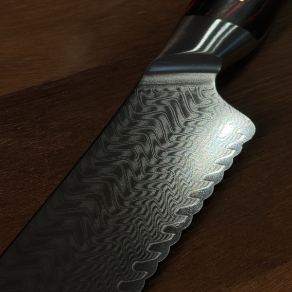 Detailed View of Bread Knife with Serrated Damascus Steel Blade Henzel