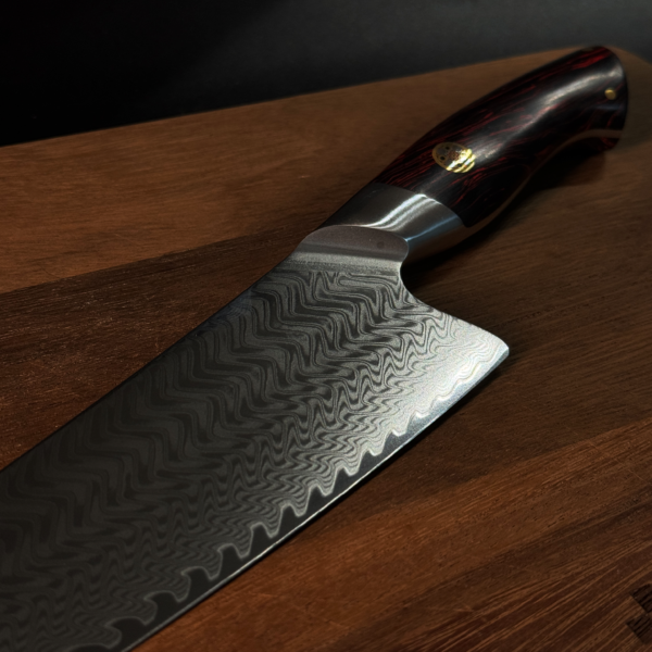 Close-up of Utility Kitchen Knife with Unique Damascus Steel Patterns