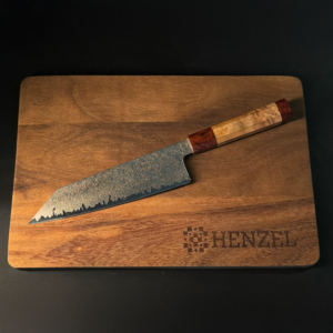 Damascus Steel Bunka Knife Henzel Golden Mirage Collection on Cutting Board