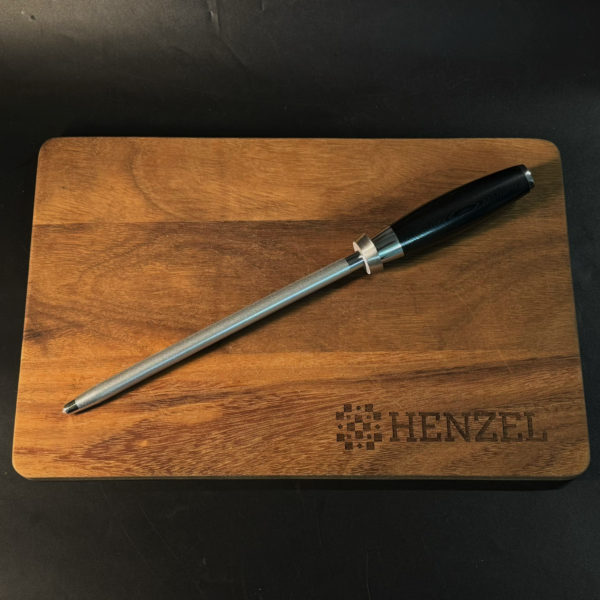 Henzel Sharpening Rod on Wooden Cutting Board - Essential Knife Maintenance Tool